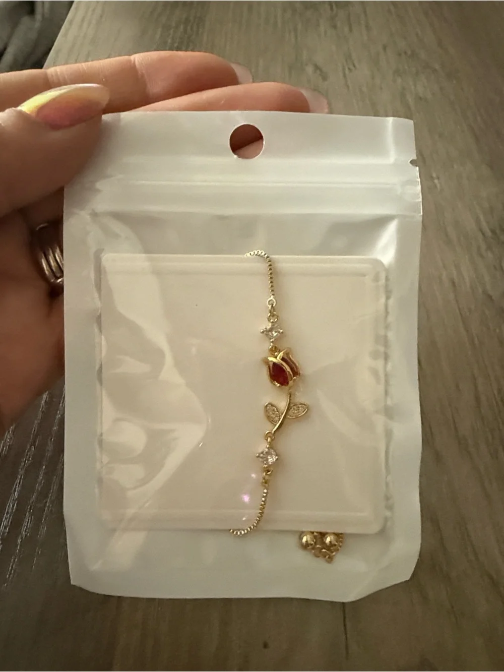 Dainty 14K Gold Plated Rose Bracelet with Red Gemstone Adjustable Jewelry